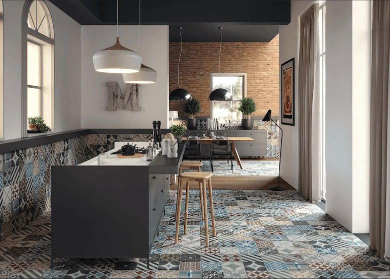 Mosaic tiled kitchen with tiles from Miami stores.