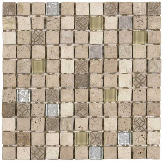 1x1 Beige/Glass Mix Marble Mosaic