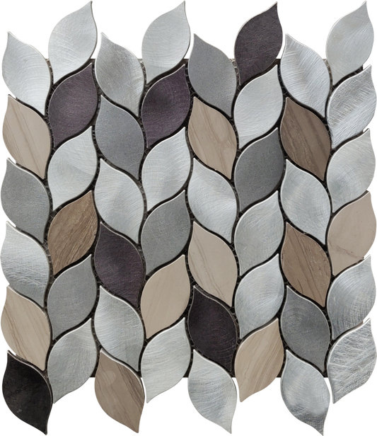 11X12 Aluminum And Marble Leaves Silver Grey Brown Mosaic