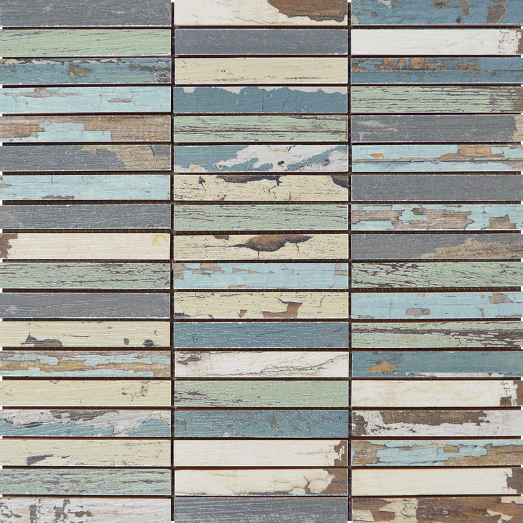 1x4 Rectangle Beige Blue Wood Mix Mosaic